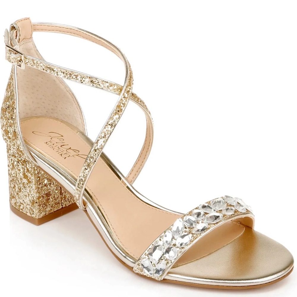 Jewel Badgley Mischka Claudia Block Heel Sandal Gold Glitter Size 9 Z14115*